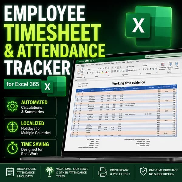 Employee Timesheet & Attendance Tracker for Excel 365