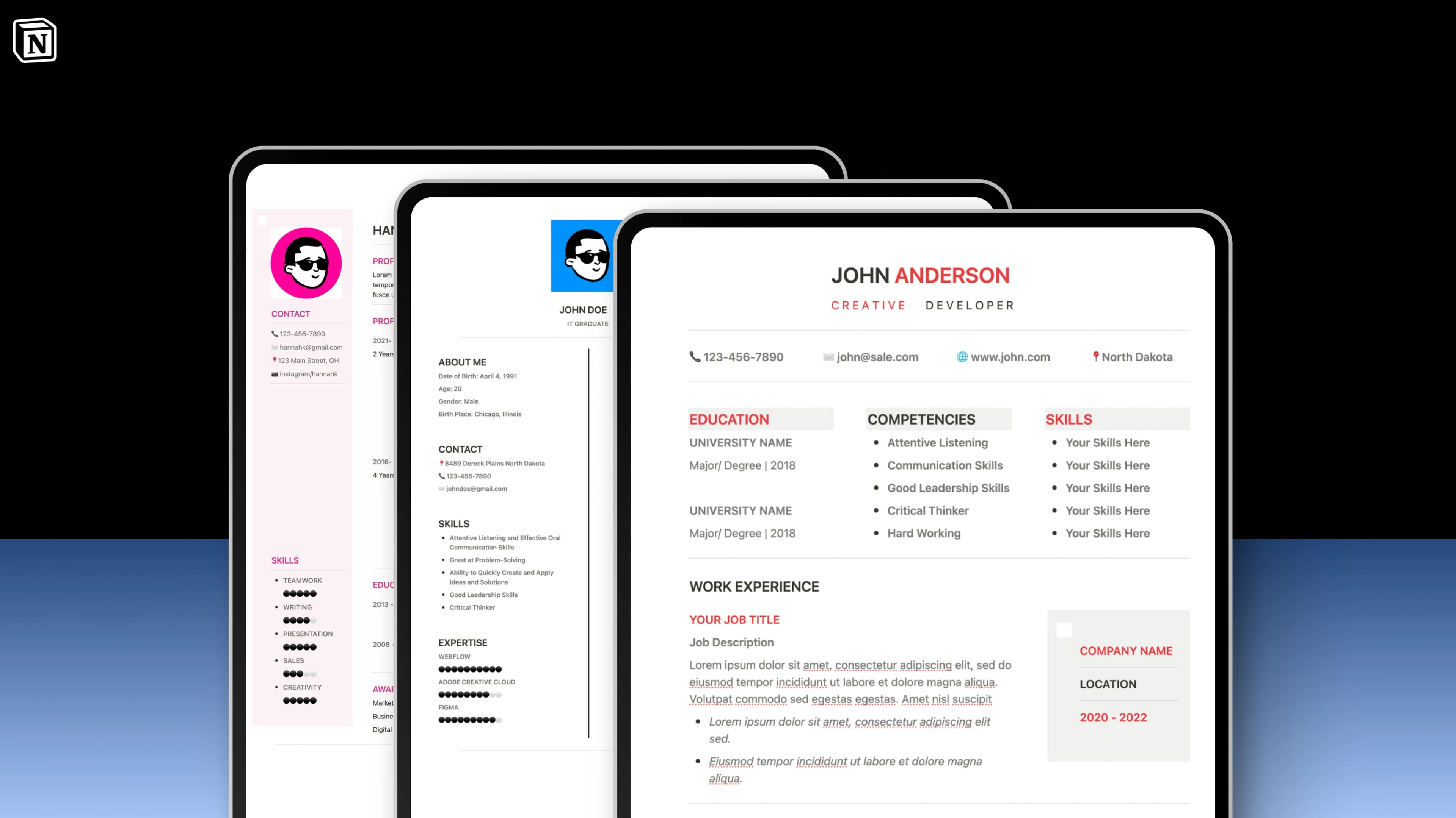 Notion Resume Template Pack (x3)