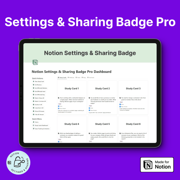 Notion Settings & Sharing Badge Study Cards Pro