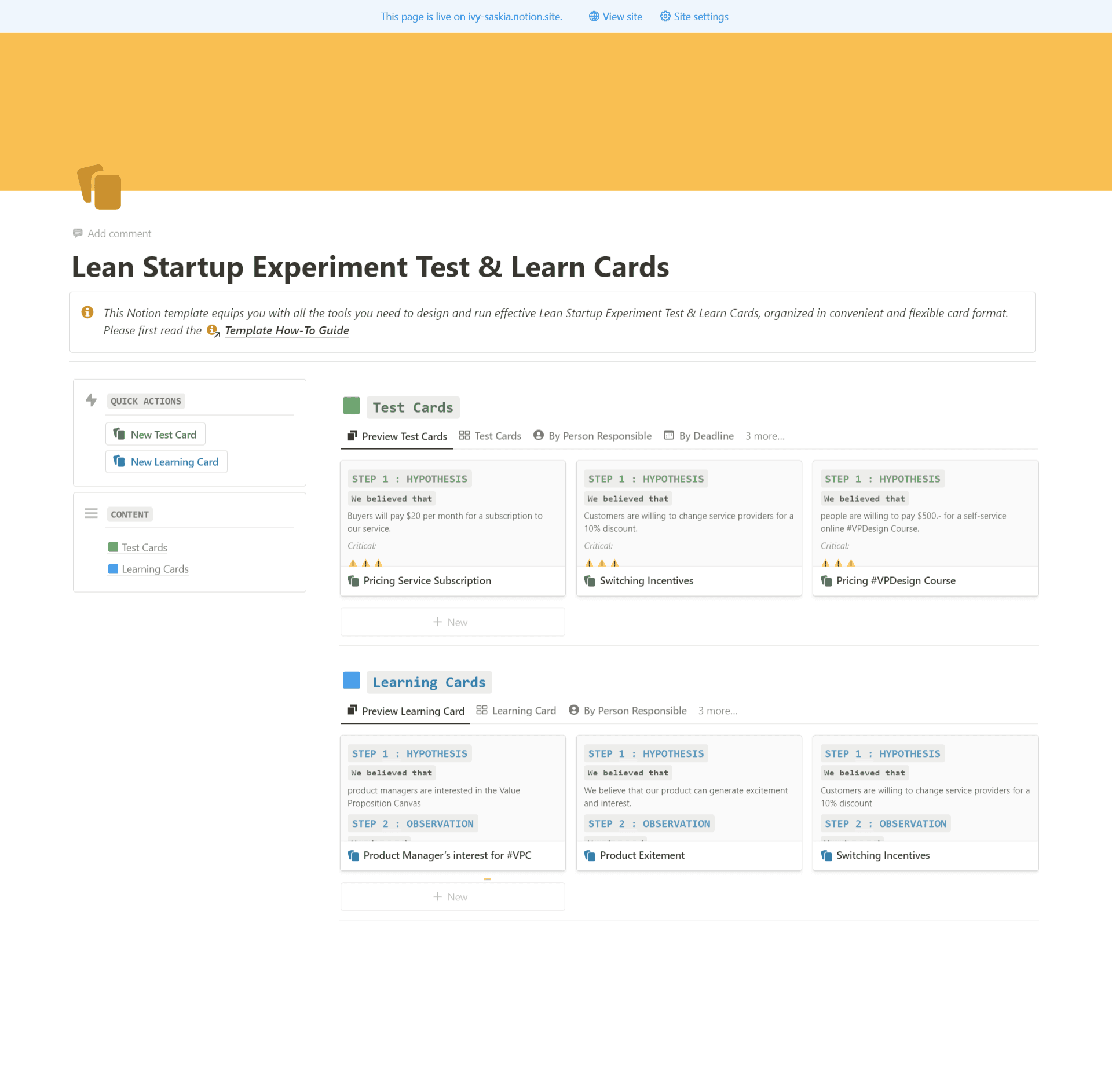 Lean Startup Experiment Test & Learn Cards - Notion Template
