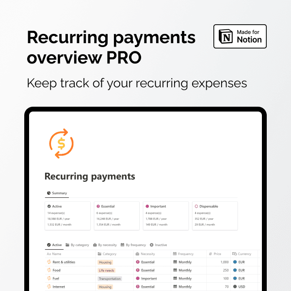 Recurring Payments Overview PRO – Notion Template