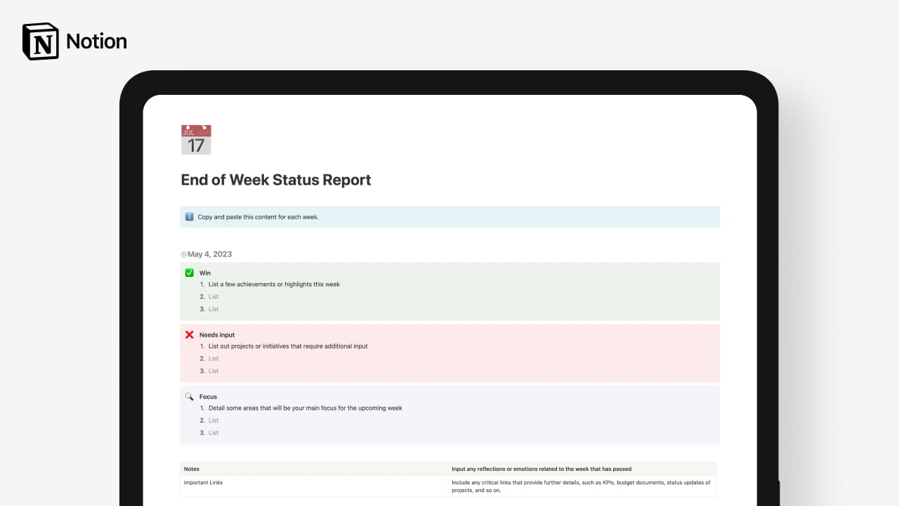 End of Week Status Report Template - image 1