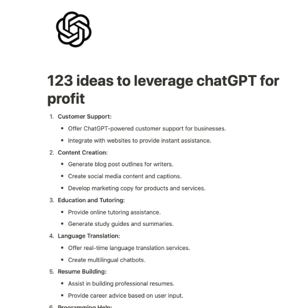 123 ideas to leverage chatGPT for profit